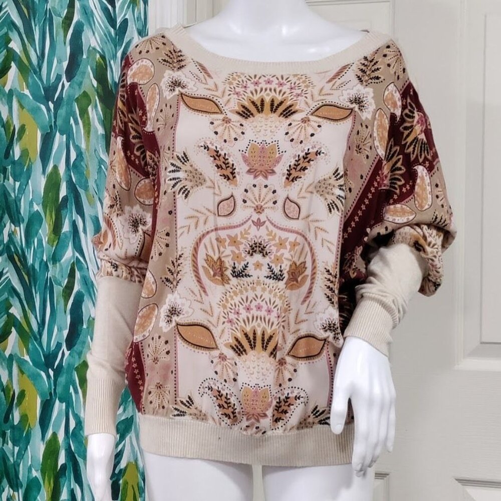 Hale Bob Womens Medium Paisley Floral Boho Dolman Sleeve Sweater Beige/Burgundy - Picture 3 of 10